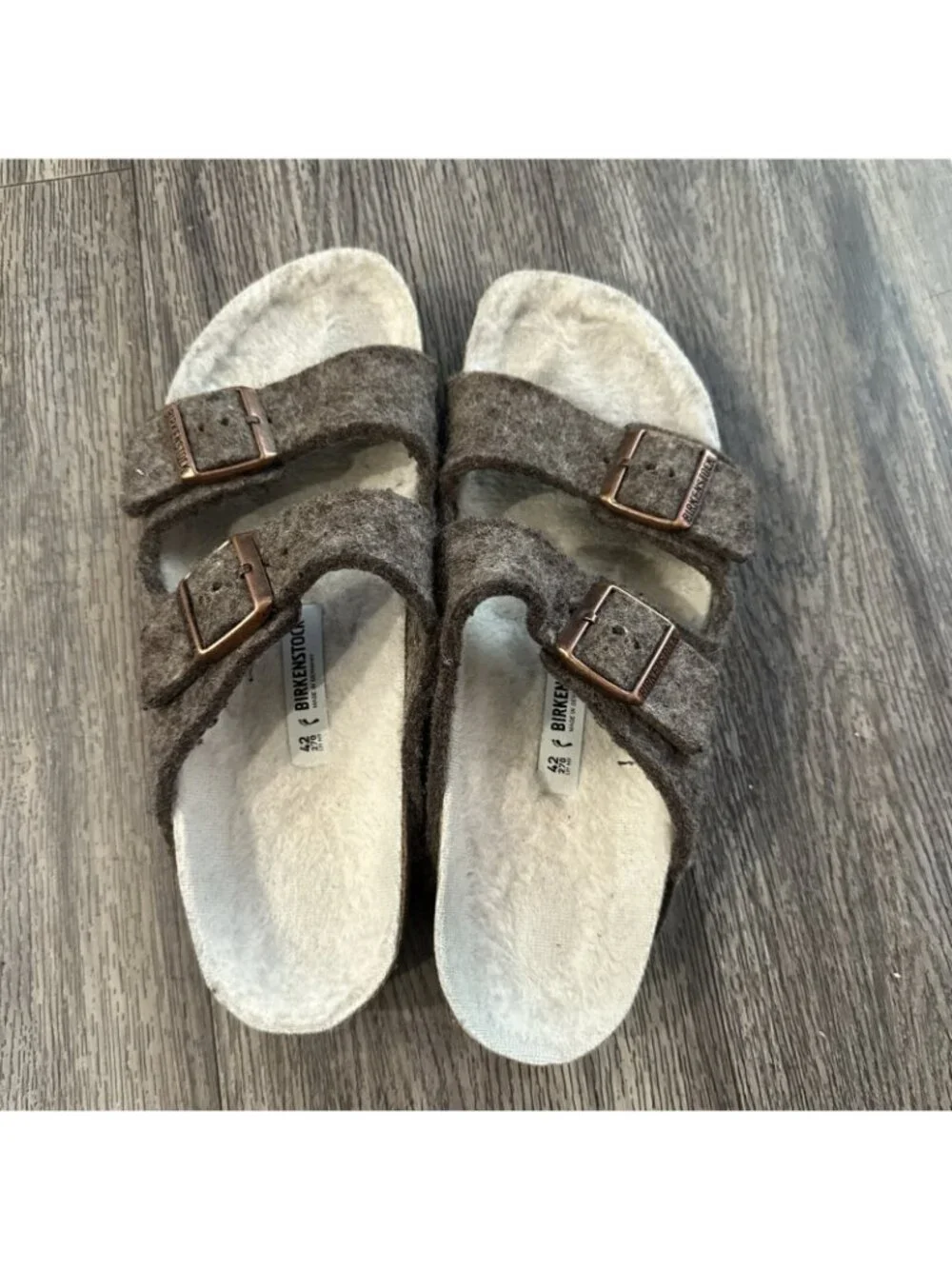Birkenstock Arizona Double Buckle Wool Shearling Brown Felt Sandals Sz 42 US 11